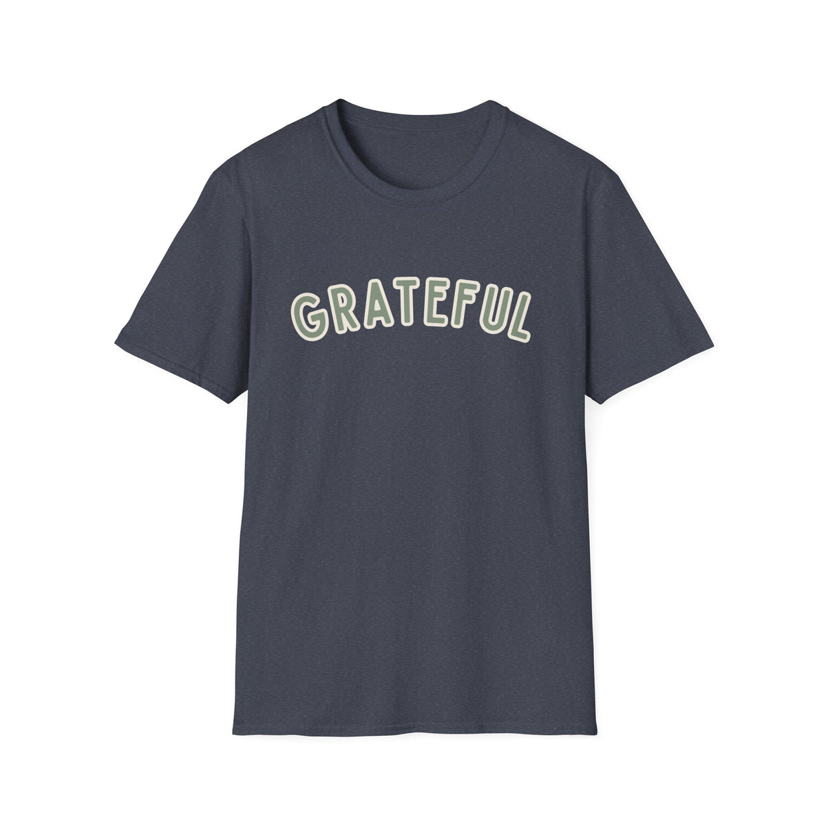 Grateful Softstyle T-Shirt in Heather Navy, sage green arched GRATEFUL lettering with cream outline, front