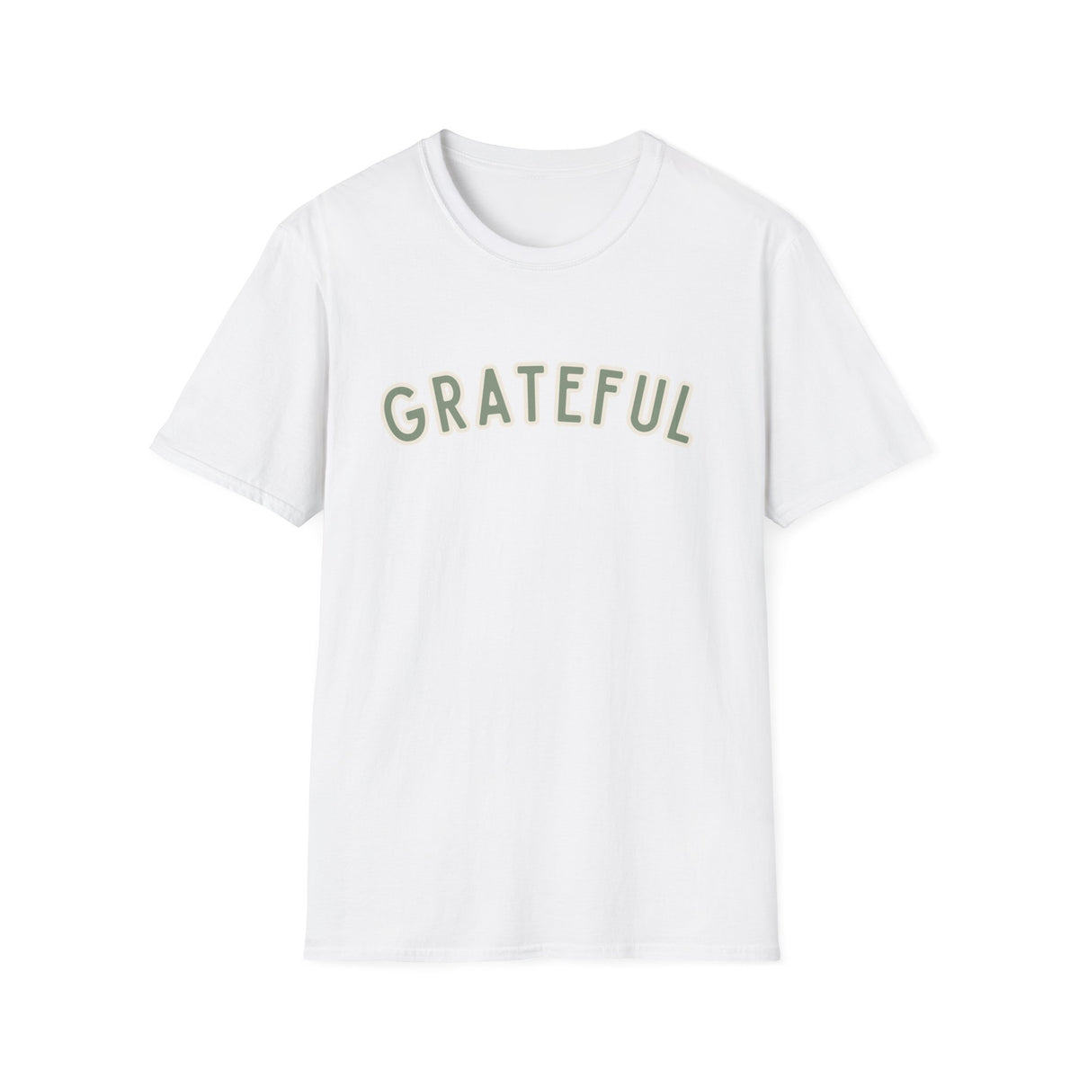 Grateful Softstyle T-Shirt in White, sage green arched GRATEFUL lettering with cream outline, front