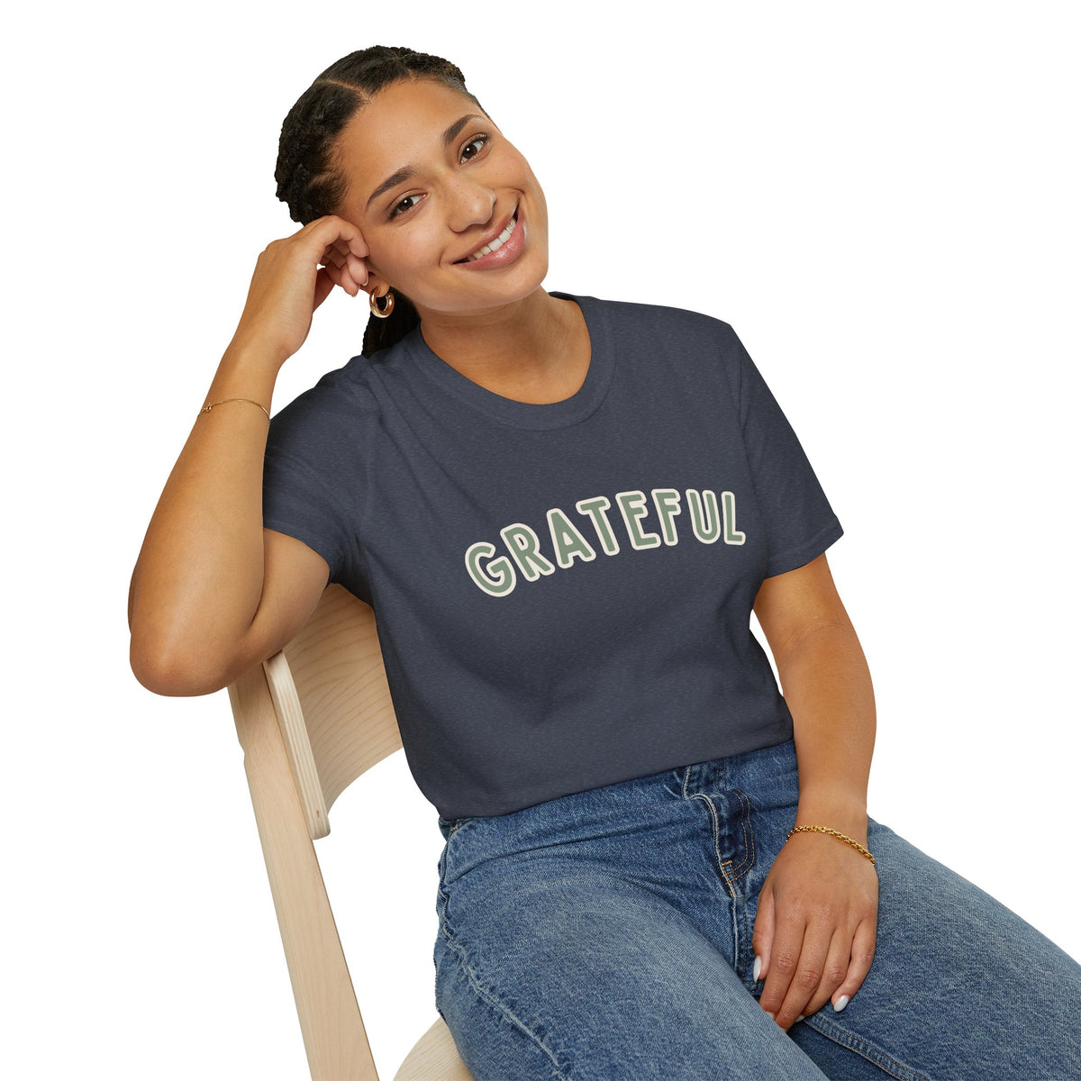 Grateful Softstyle T-Shirt in Heather Navy, sage green arched GRATEFUL lettering with cream outline, worn