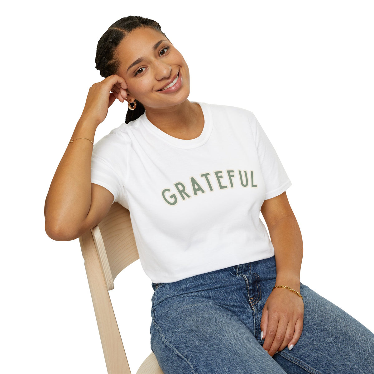 Grateful Softstyle T-Shirt in White, sage green arched GRATEFUL lettering with cream outline, worn