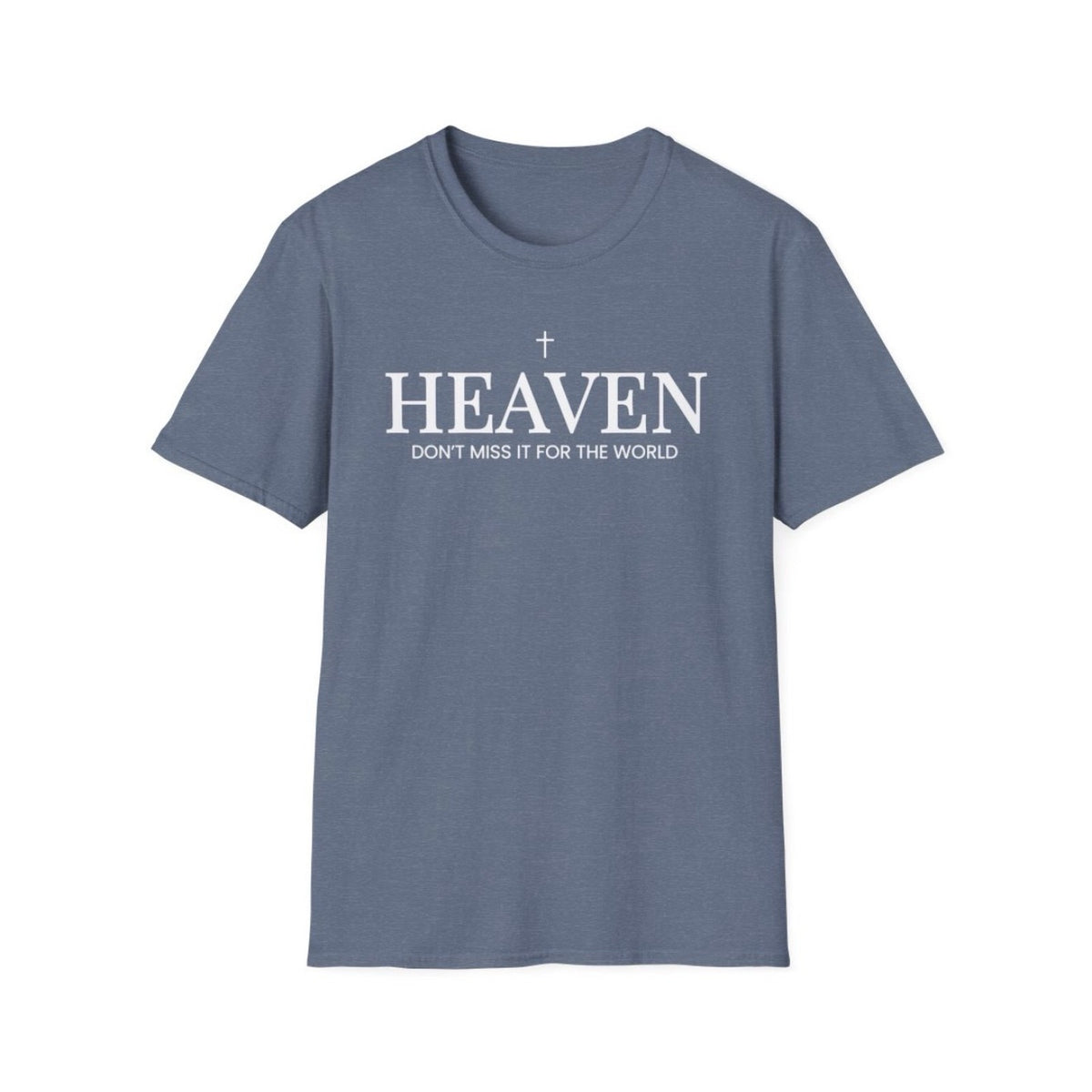 Heaven Don't Miss It for the World tee in Heather Indigo, front view