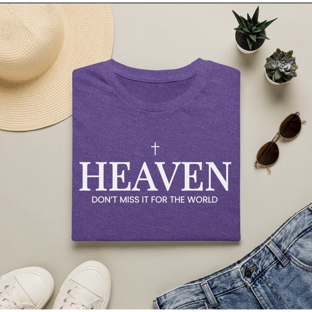 Heaven Don't Miss It for the World tee in Heather Purple, folded flat lay