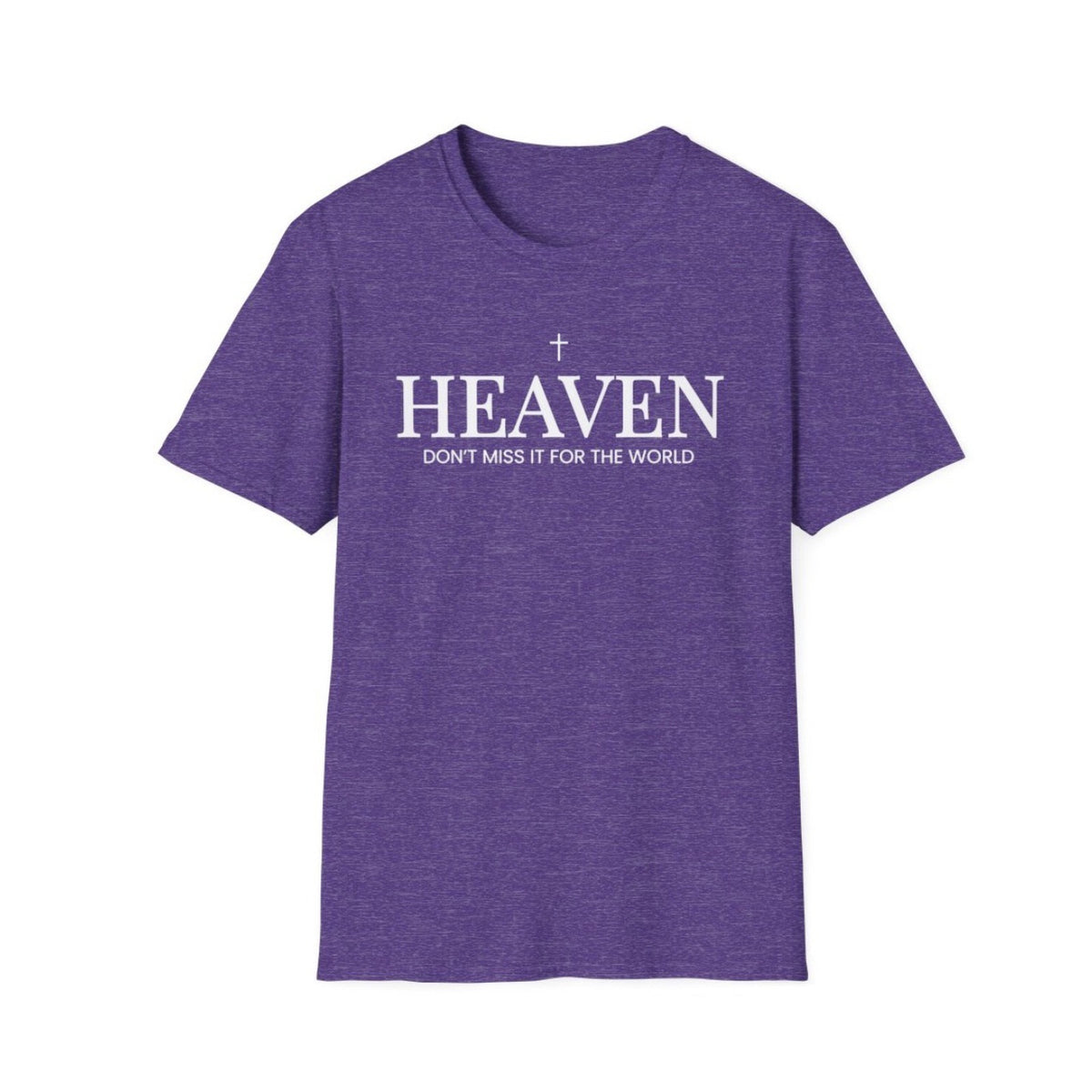 Heaven Don't Miss It for the World tee in Heather Purple, front view
