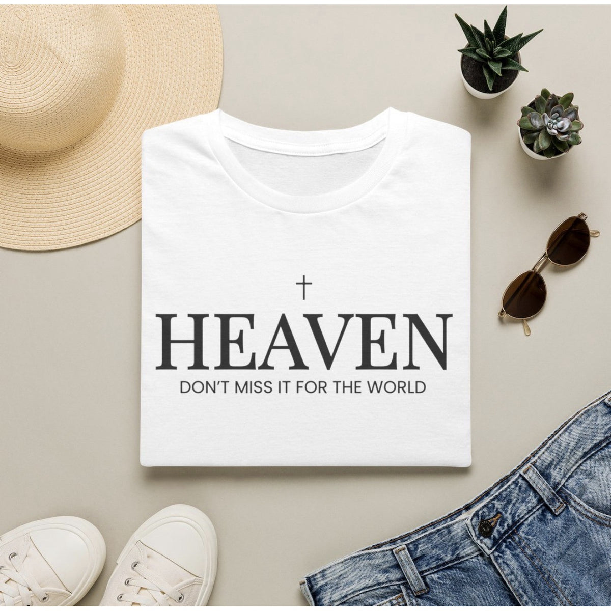 Heaven Don't Miss It for the World tee in White, folded flat lay
