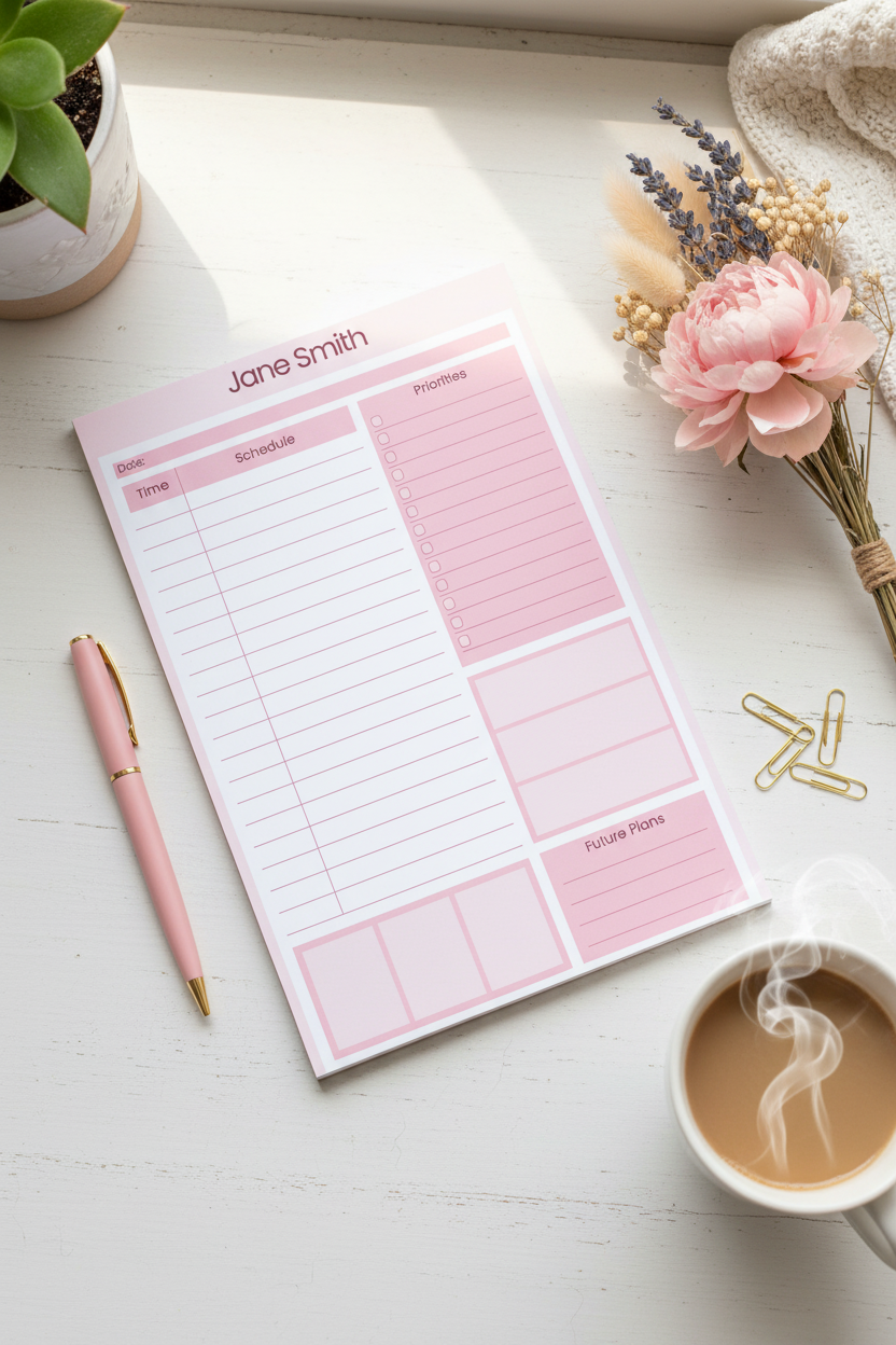 Pink personalized daily planner notepad styled on a cozy desk with flowers and coffee