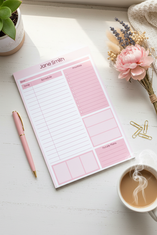 Pink personalized daily planner notepad styled on a cozy desk with flowers and coffee