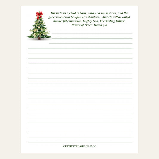 Isaiah 9:6 Christmas Tree lined notepad with the verse beside a decorated tree