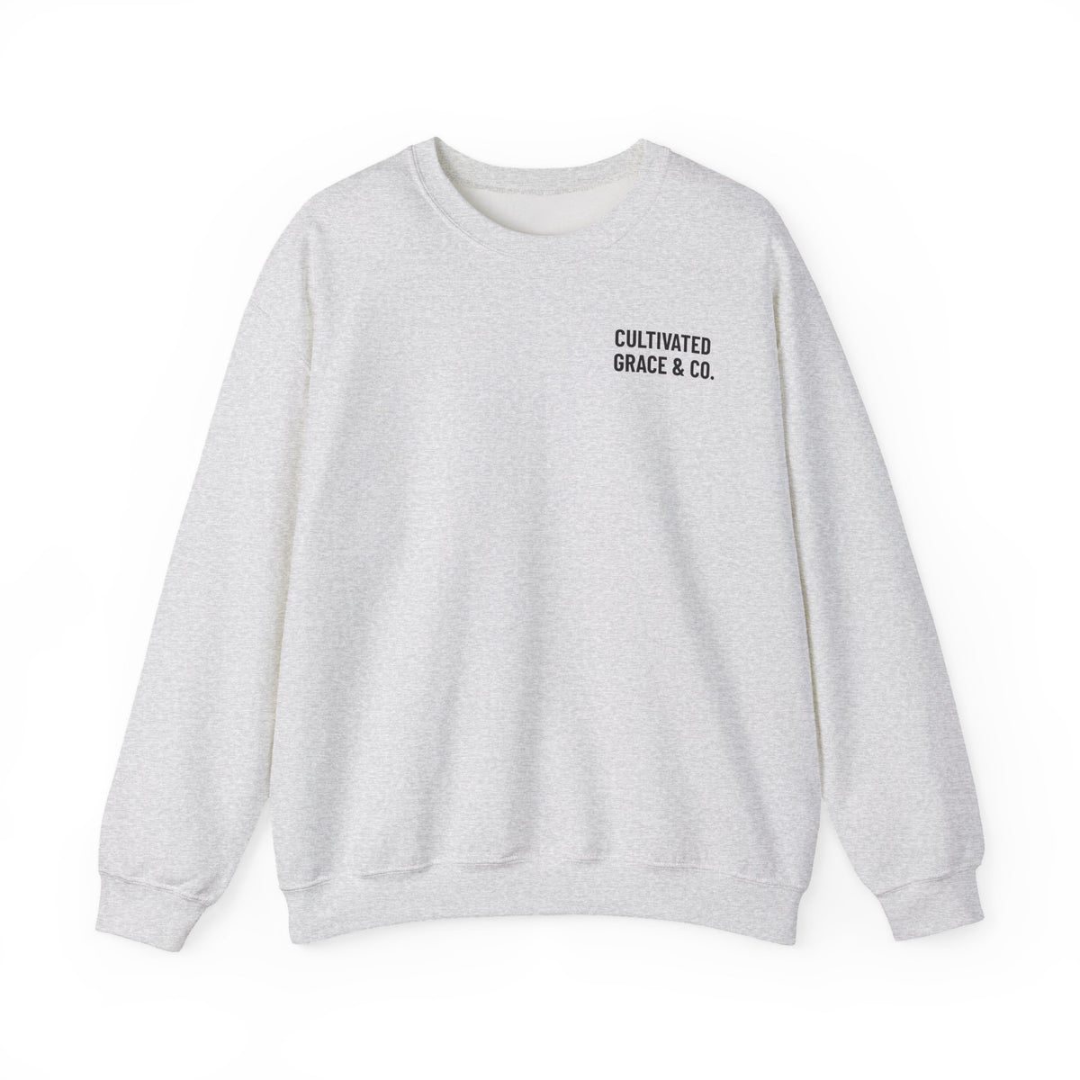 It Is Finished crewneck sweatshirt in Ash, front with Cultivated Grace & Co. left-chest wordmark