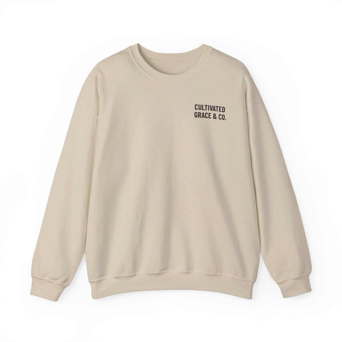 It Is Finished crewneck sweatshirt in Sand, front with Cultivated Grace & Co. left-chest wordmark