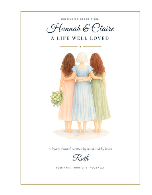 The Legacy Journal Book sample front cover — A Life Well Loved, personalized with names and a watercolor family illustration