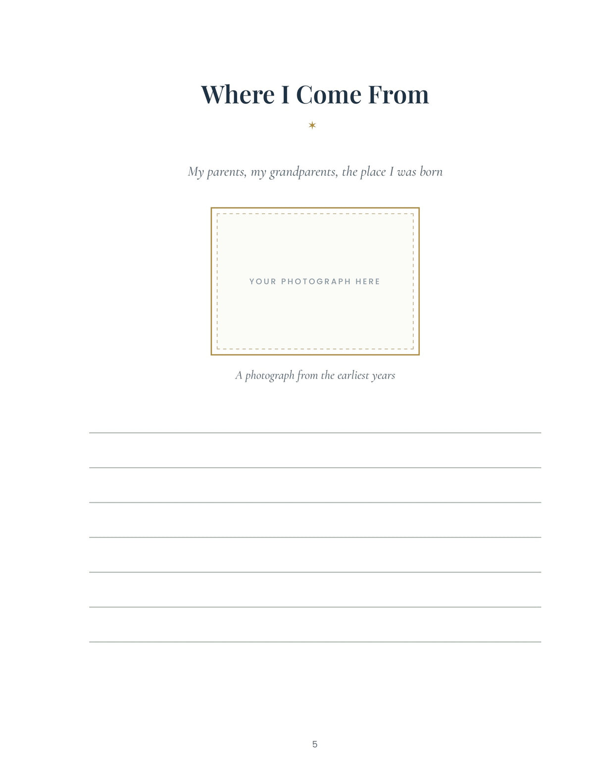The Legacy Journal Book sample interior page — photo slot with lined journaling space