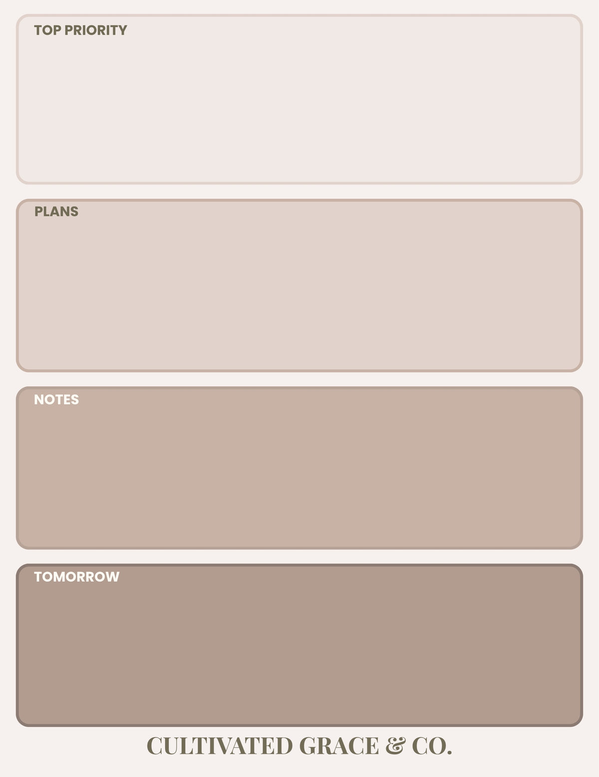Mocha Daily Priorities Notepad page design: four warm mocha boxes labeled Top Priority, Plans, Notes and Tomorrow, shading from light to dark, with Cultivated Grace & Co. at the bottom. Artwork preview, not a product photo.
