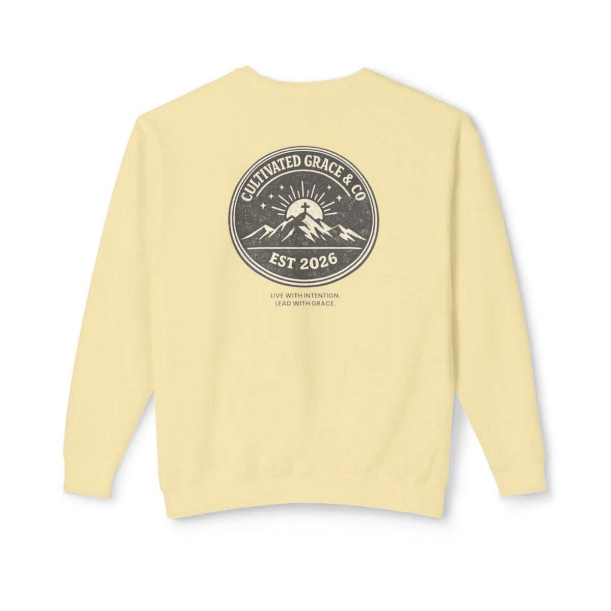 Cultivated Grace & Co. mountains and cross crewneck sweatshirt in Butter, back crest