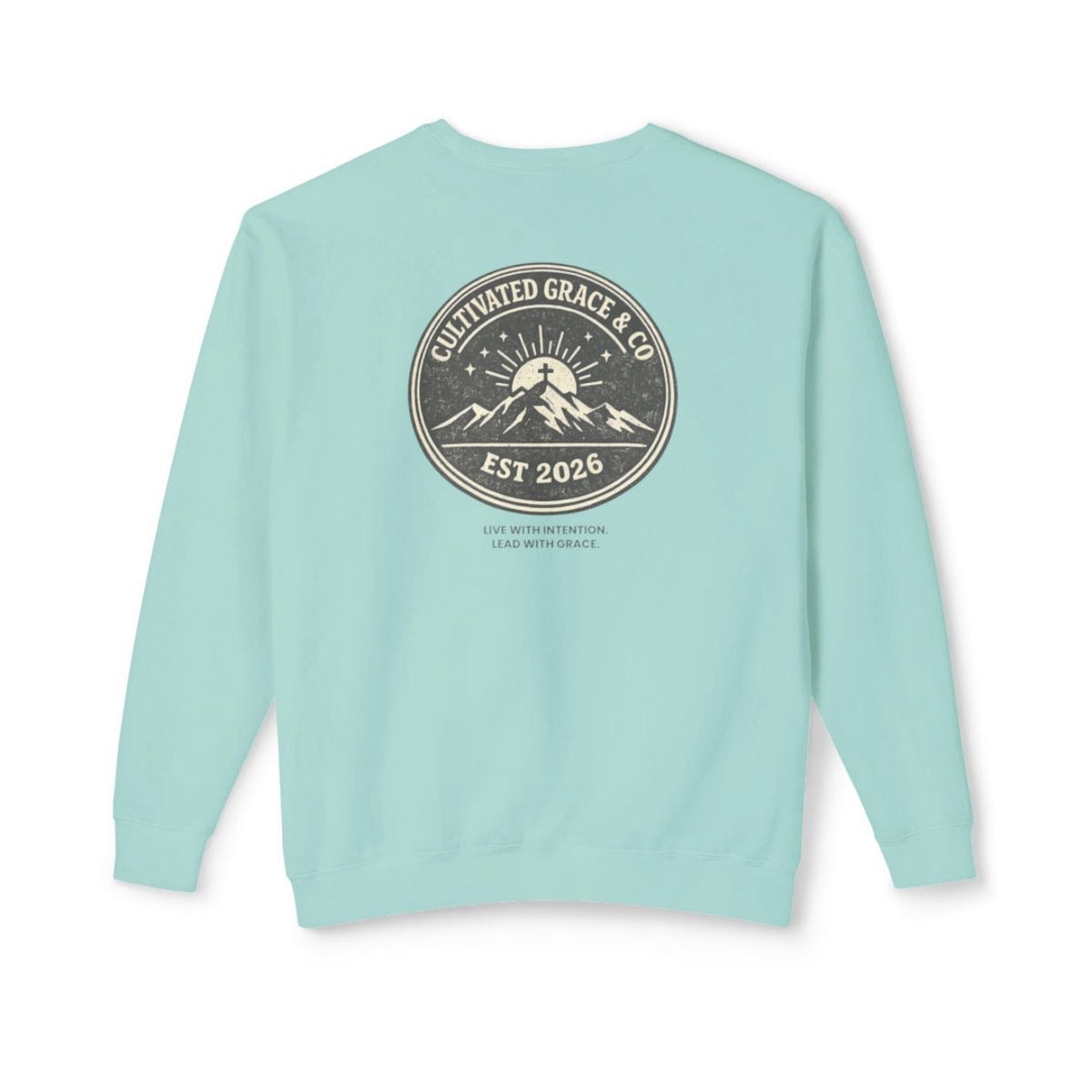 Cultivated Grace & Co. mountains and cross crewneck sweatshirt in Chalky Mint, back crest