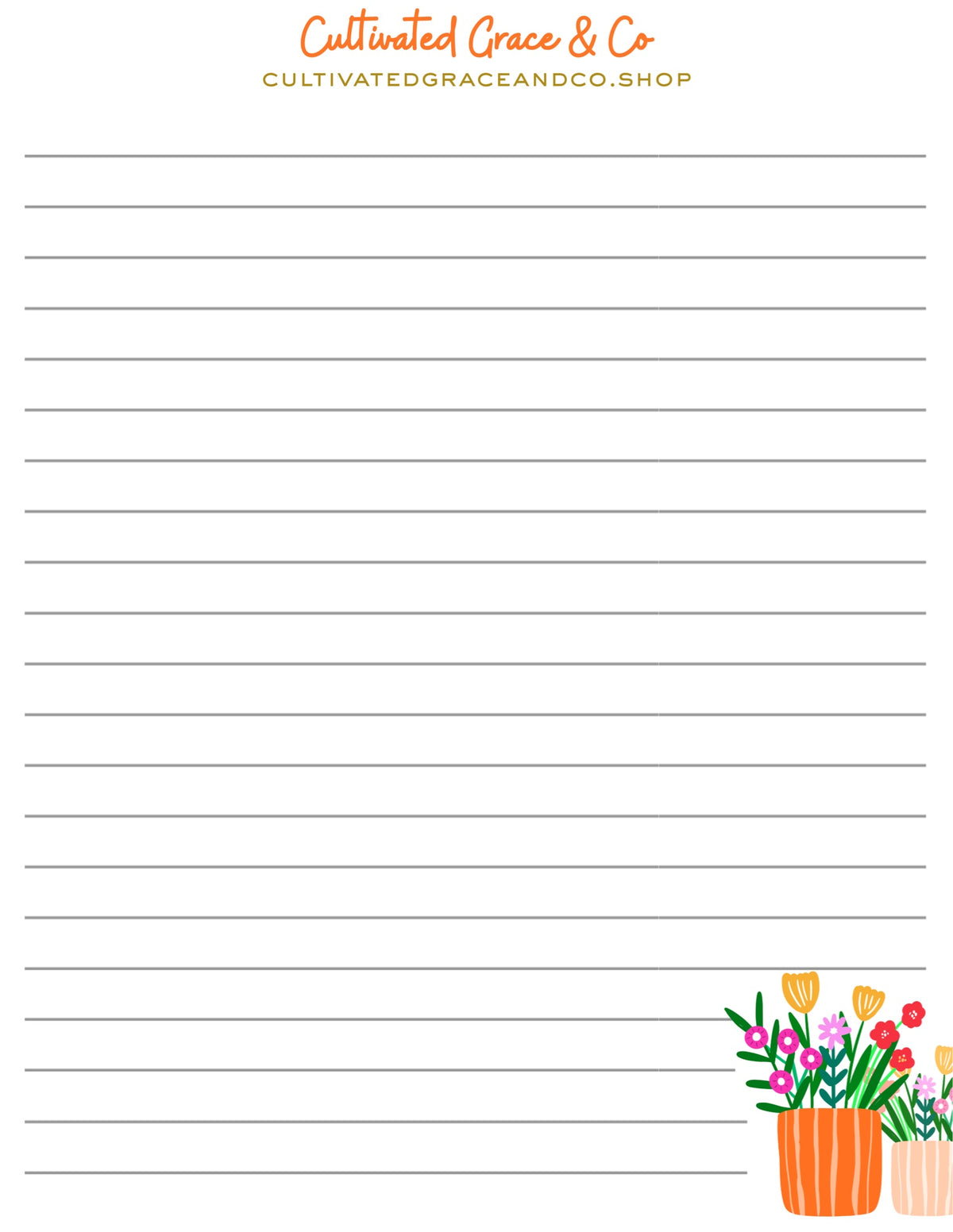 Orange Flower Pots lined notepad page artwork by Cultivated Grace & Co.