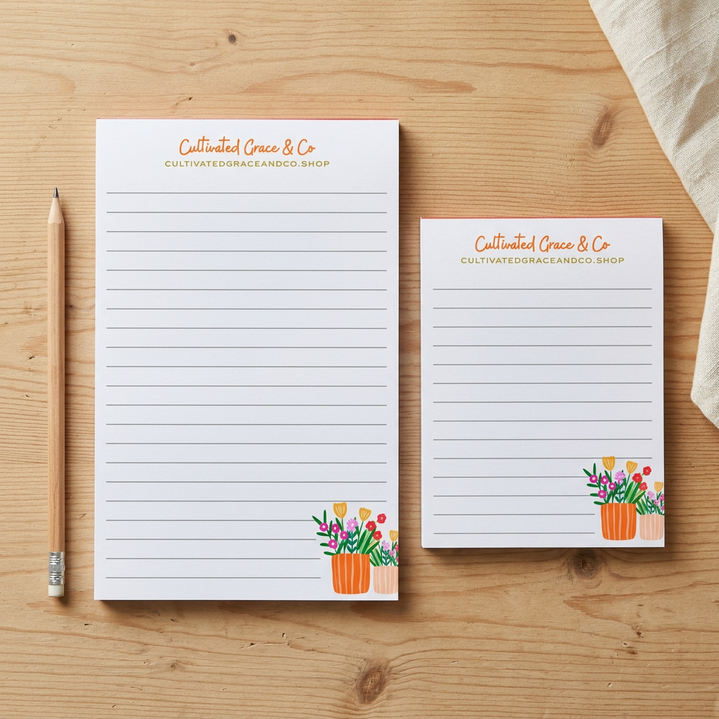 Orange flower pots notepads in both sizes on a rustic wood table