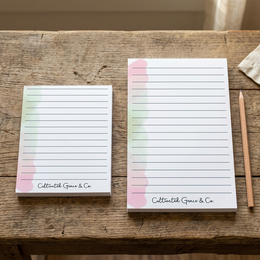 Pastel Watercolor Edge notepads in both sizes on a rustic wood table