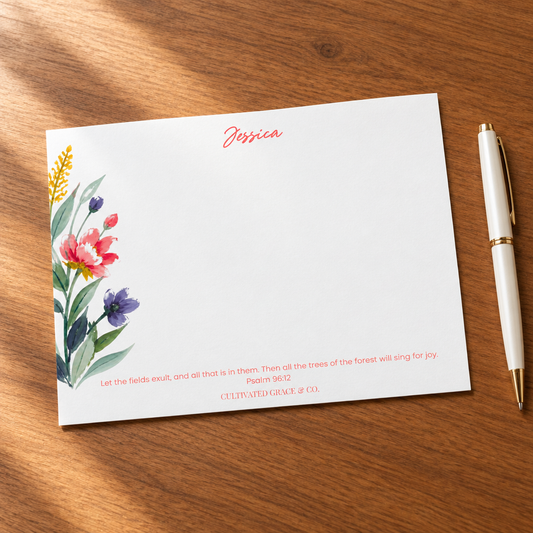 Personalized floral notecard on a wood desk beside a white pen