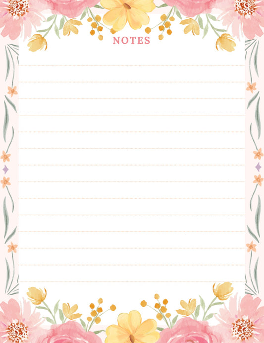 Pink & Yellow Floral Border lined notepad page artwork by Cultivated Grace & Co.
