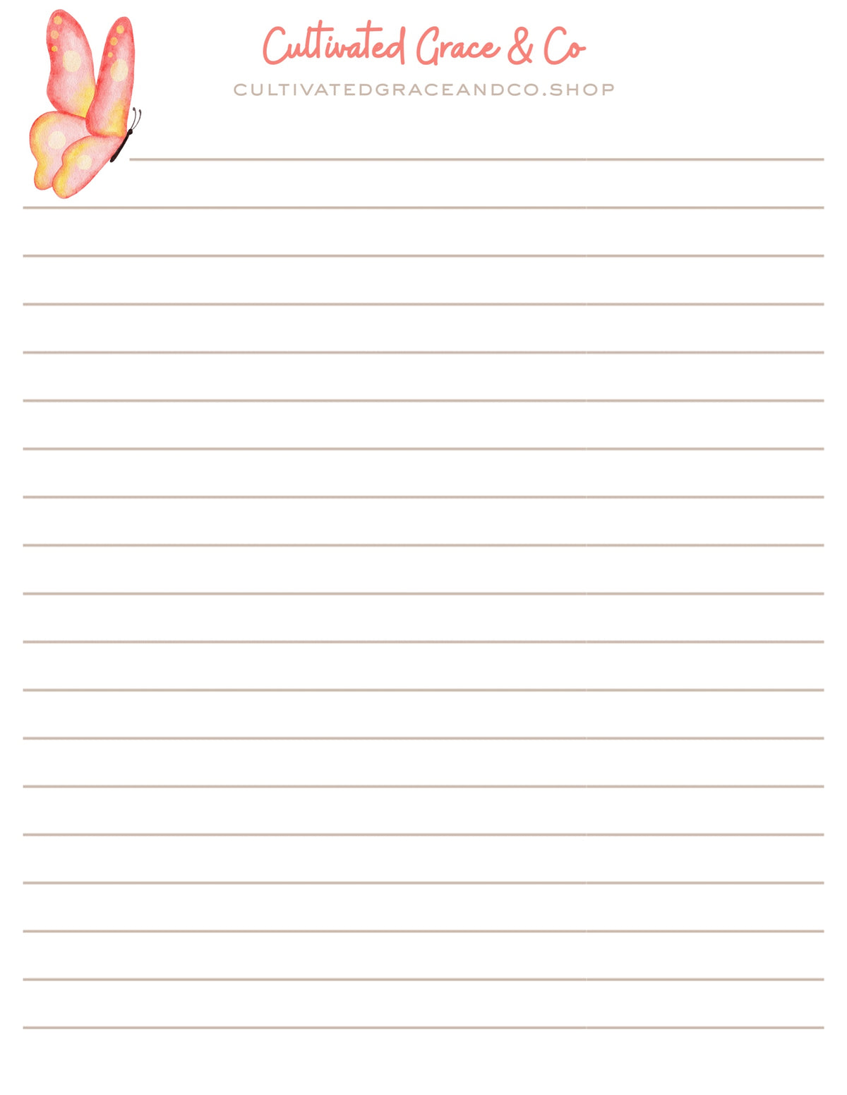 Pink Butterfly lined notepad page artwork by Cultivated Grace & Co.