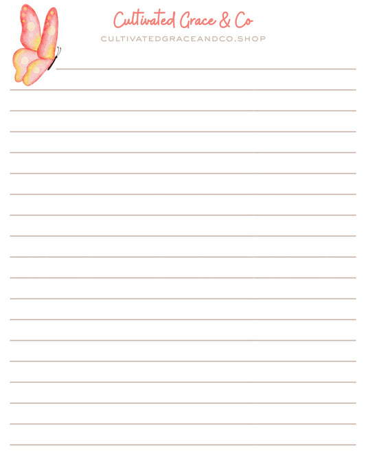 Pink Butterfly lined notepad page artwork by Cultivated Grace & Co.