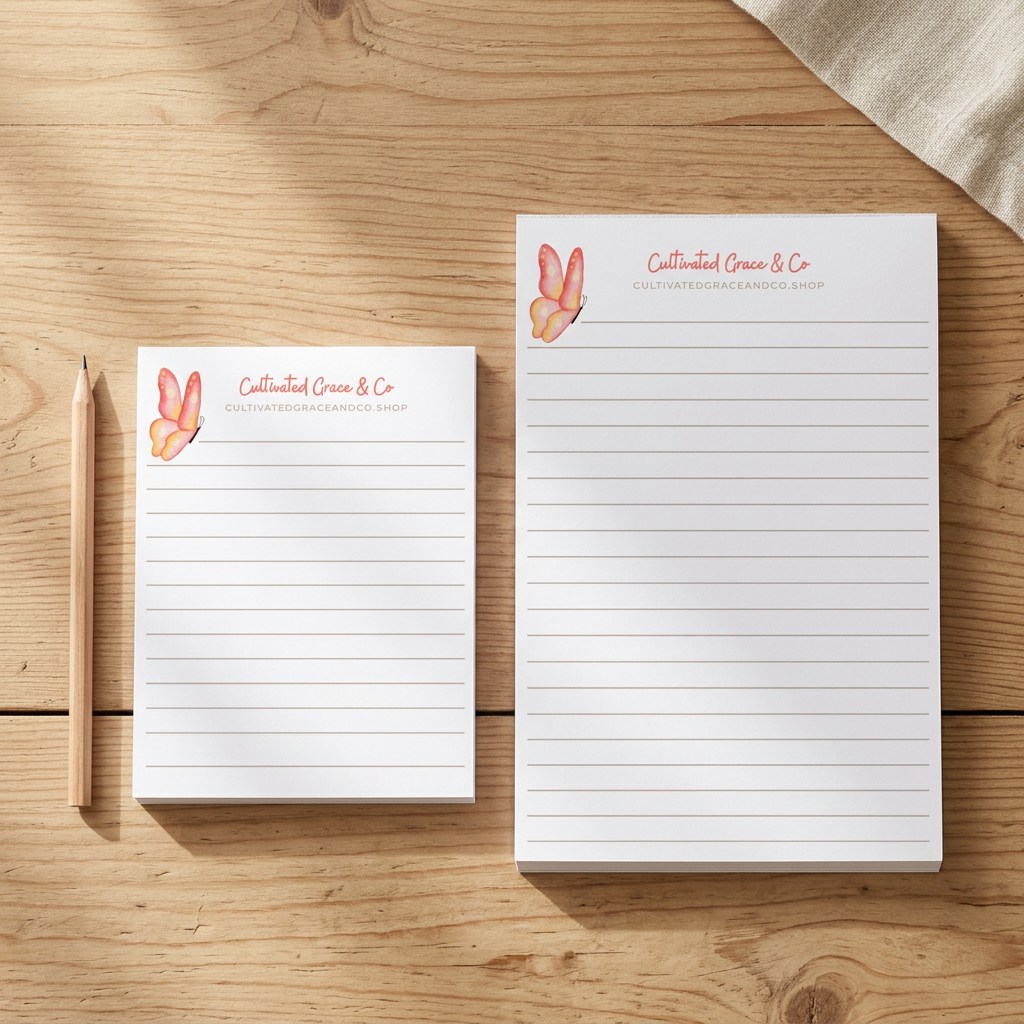 Pink Butterfly notepads in two sizes on a rustic wood table