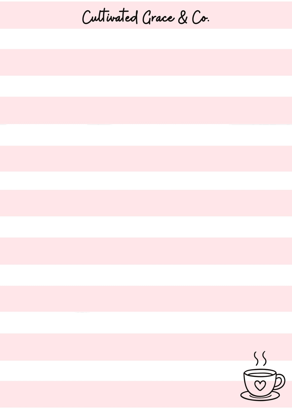 Pink Coffee Stripes Lined Notepad page design: wide blush-pink and white stripes with Cultivated Grace & Co. in black script at the top and a small steaming coffee cup with a heart in the bottom right corner. Artwork preview, not a product photo.