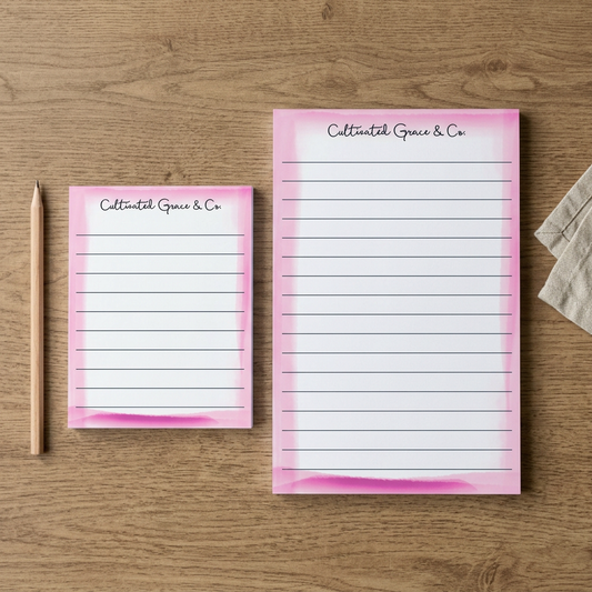 Pink watercolor notepads in both sizes on a rustic wood table