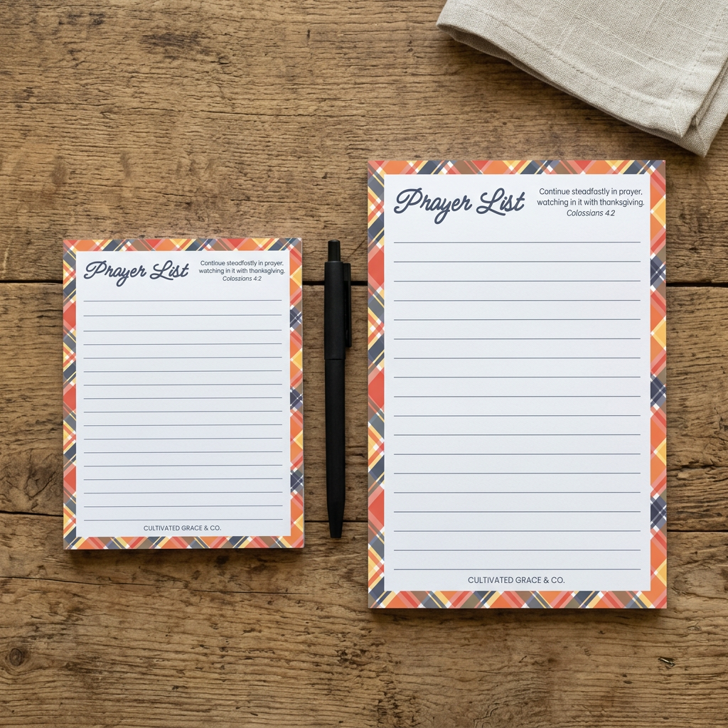 Prayer List notepads in both sizes on a rustic wood table with a pen