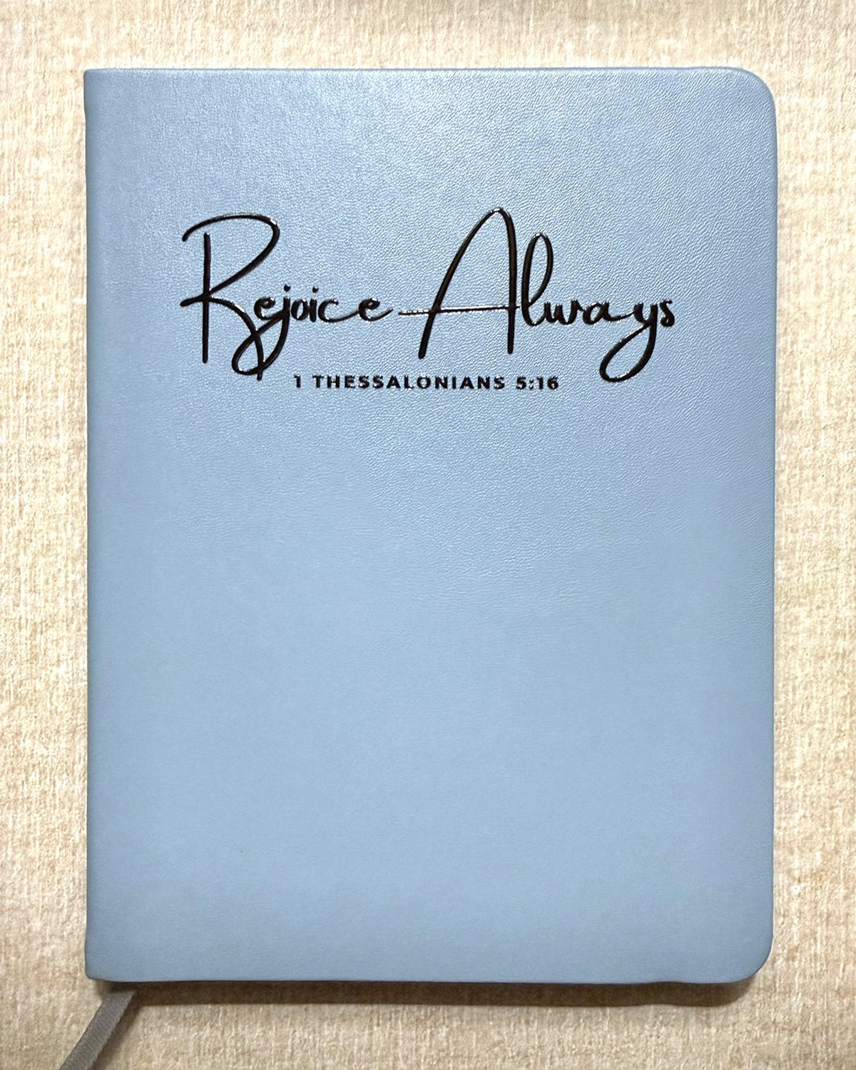 Rejoice Always faith word journal, script style, Dusty Blue hardcover with Rejoice Always lettering