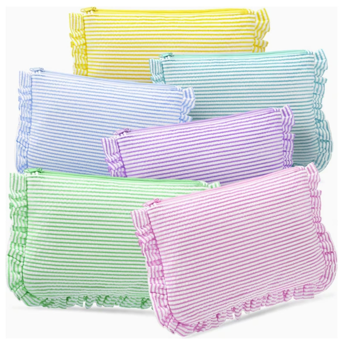 Ruffle seersucker cosmetic bags in six colors: yellow, mint, blue, lavender, green and pink