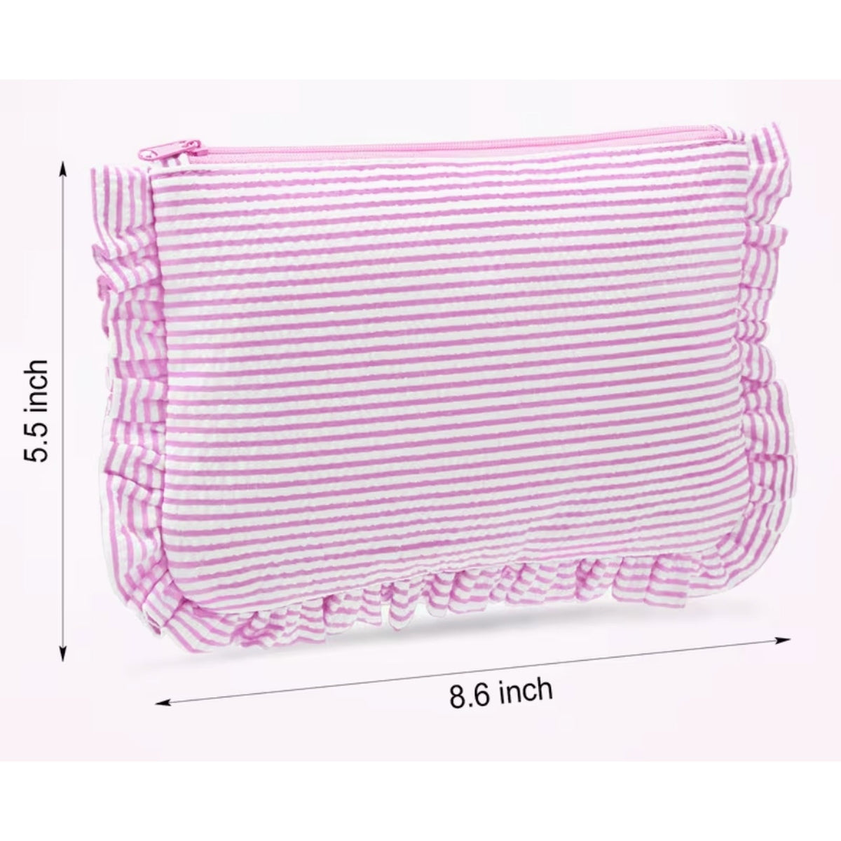 Pink ruffle seersucker cosmetic bag shown with dimensions, 8.6 inches wide by 5.5 inches tall