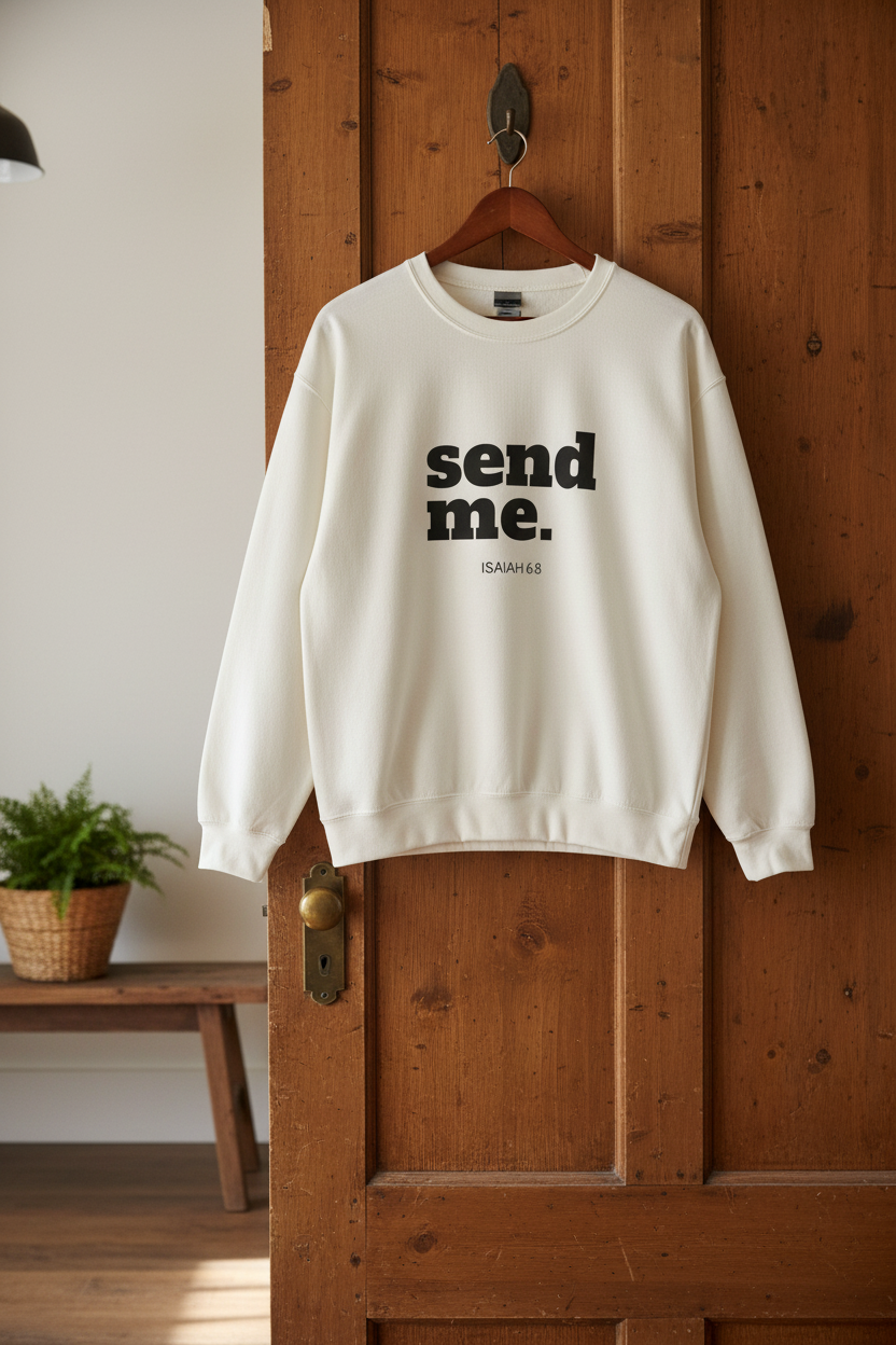 Send Me sweatshirt on farmhouse door