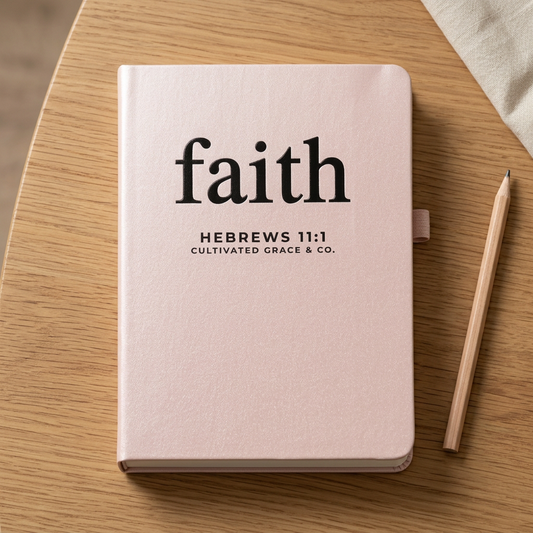 Shimmer pink faith journal on a rustic wood table