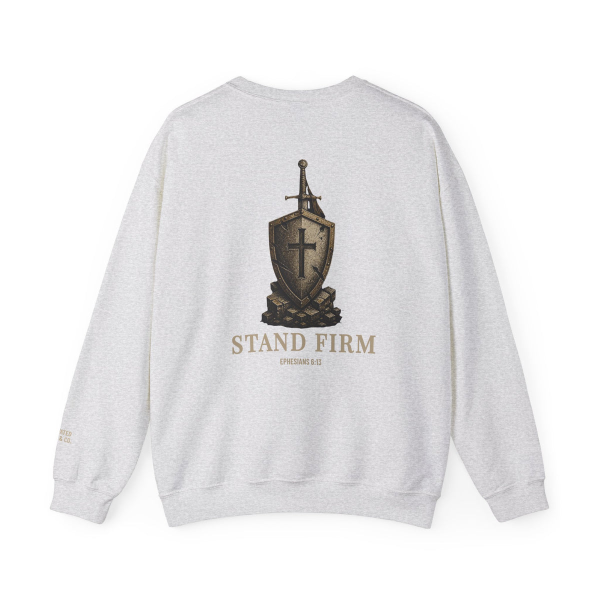 Stand Firm Gildan sweatshirt in Ash, back with sword, shield and cross artwork