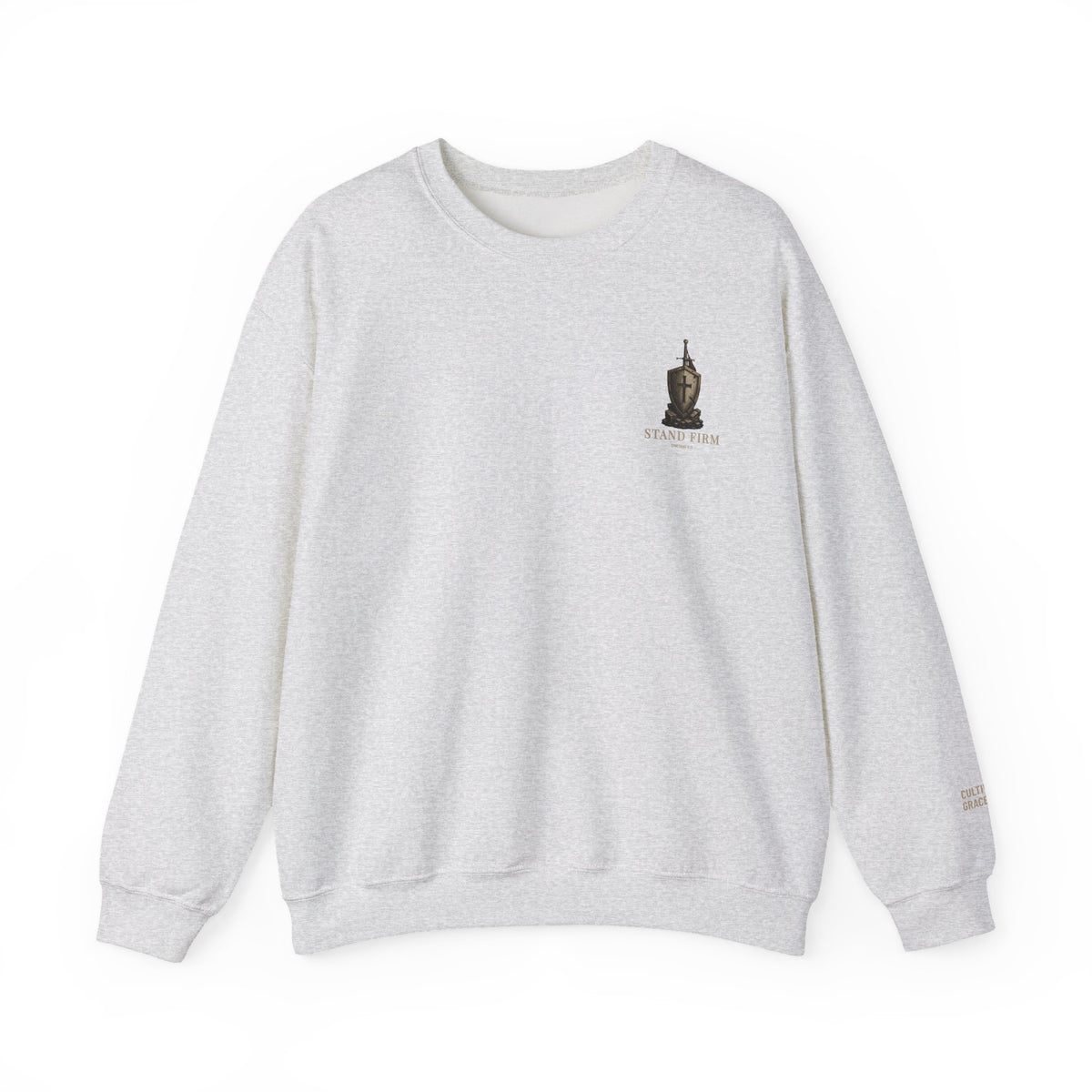 Stand Firm sweatshirt in Ash, front with small left-chest graphic and sleeve branding