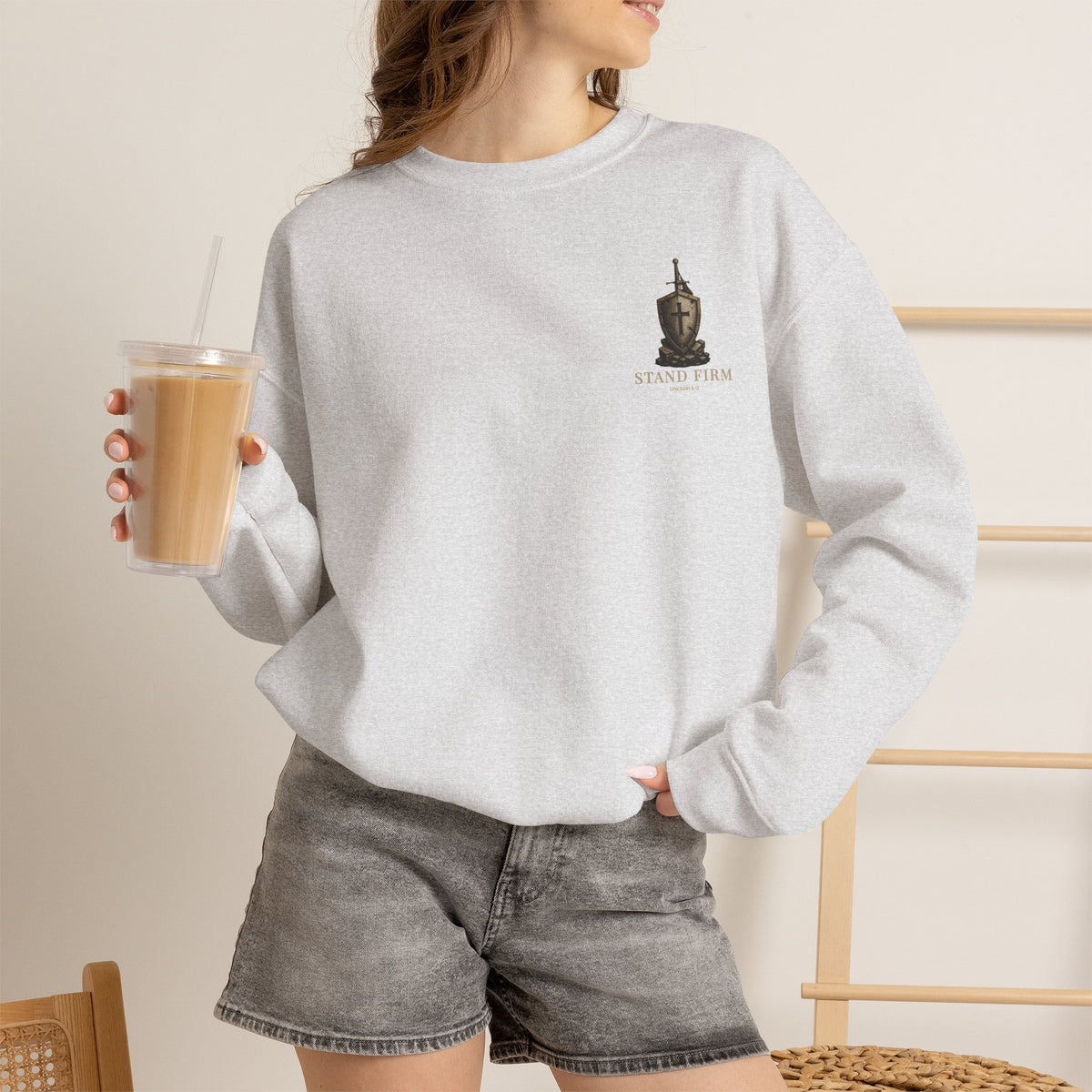 Stand Firm sweatshirt in Ash shown on a model, front lifestyle view