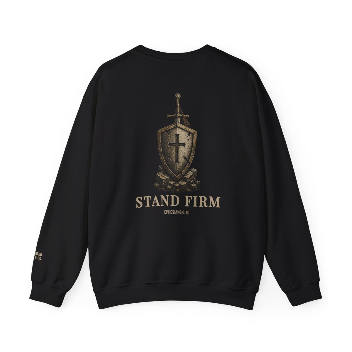 Stand Firm Gildan sweatshirt in Black, back with sword, shield and cross artwork