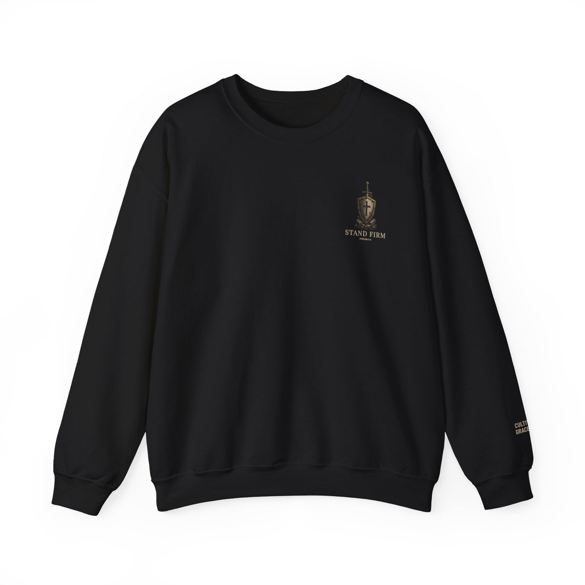 Stand Firm sweatshirt in Black, front with small left-chest graphic and sleeve branding