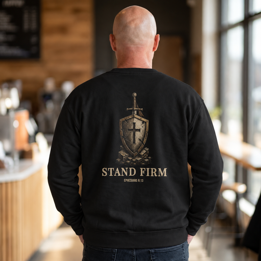 Man wearing the Stand Firm sweatshirt in Black in a cafe, showing sword and shield back artwork and Ephesians 6:13