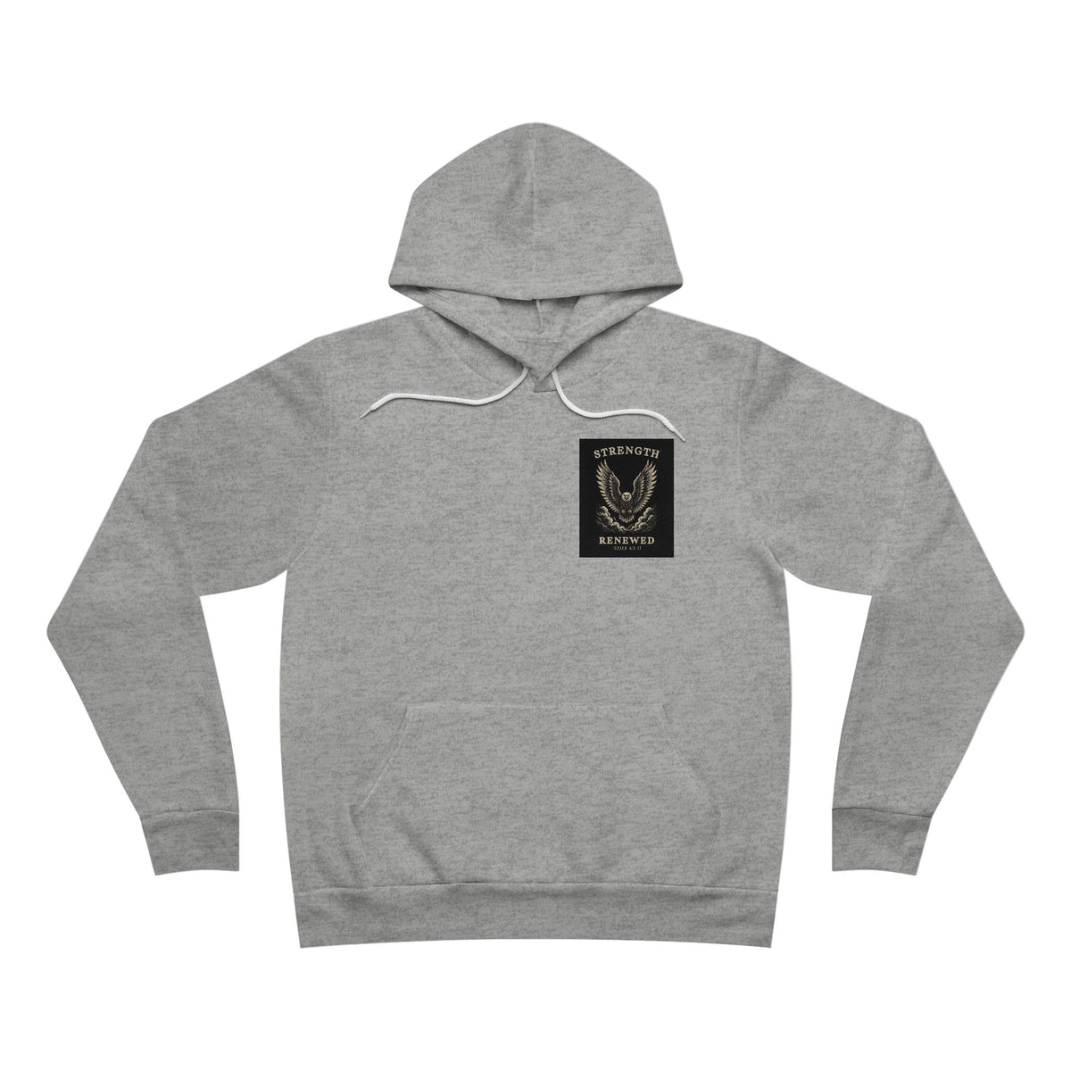 Strength Renewed hoodie in Athletic Heather, front with small eagle chest print
