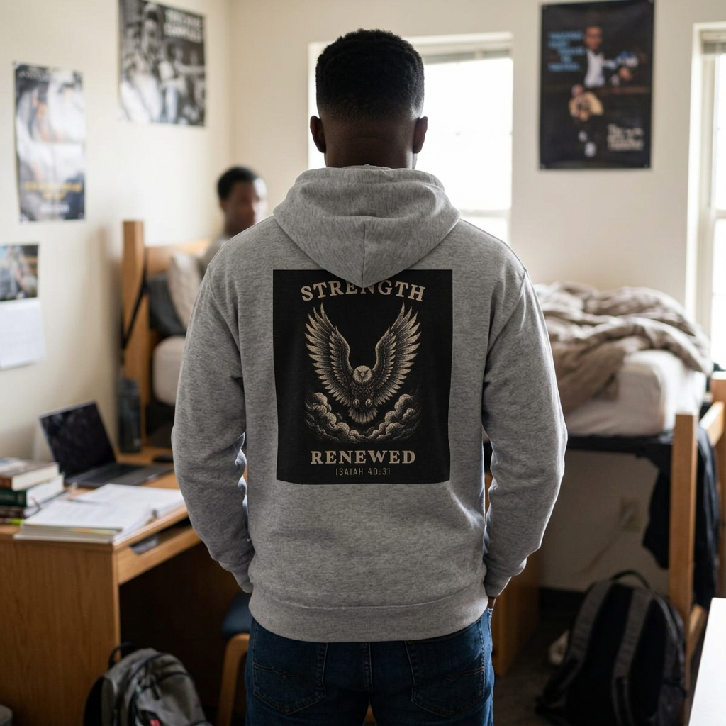 Man wearing the Strength Renewed hoodie in Athletic Heather, back view
