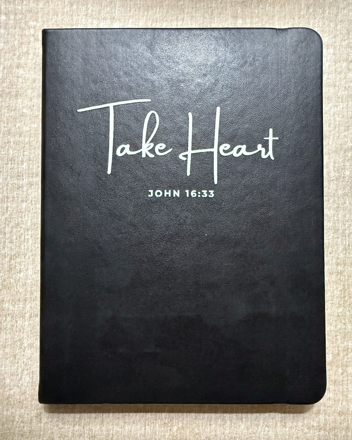 Take Heart faith word journal, script style, Black hardcover with Take Heart lettering