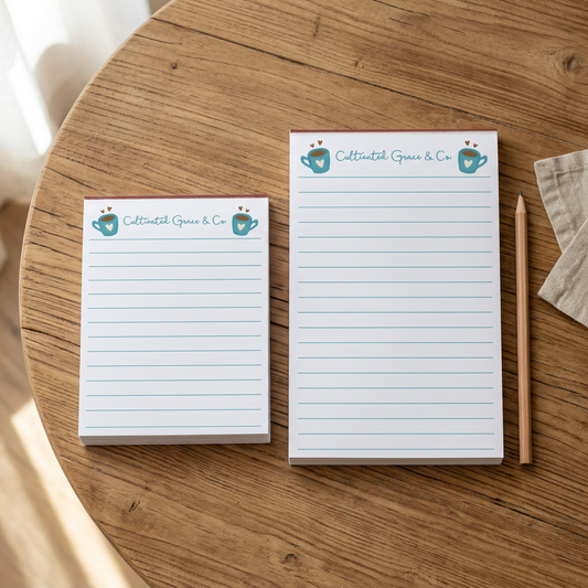 Teal Coffee Cups notepads in both sizes on a rustic wood table