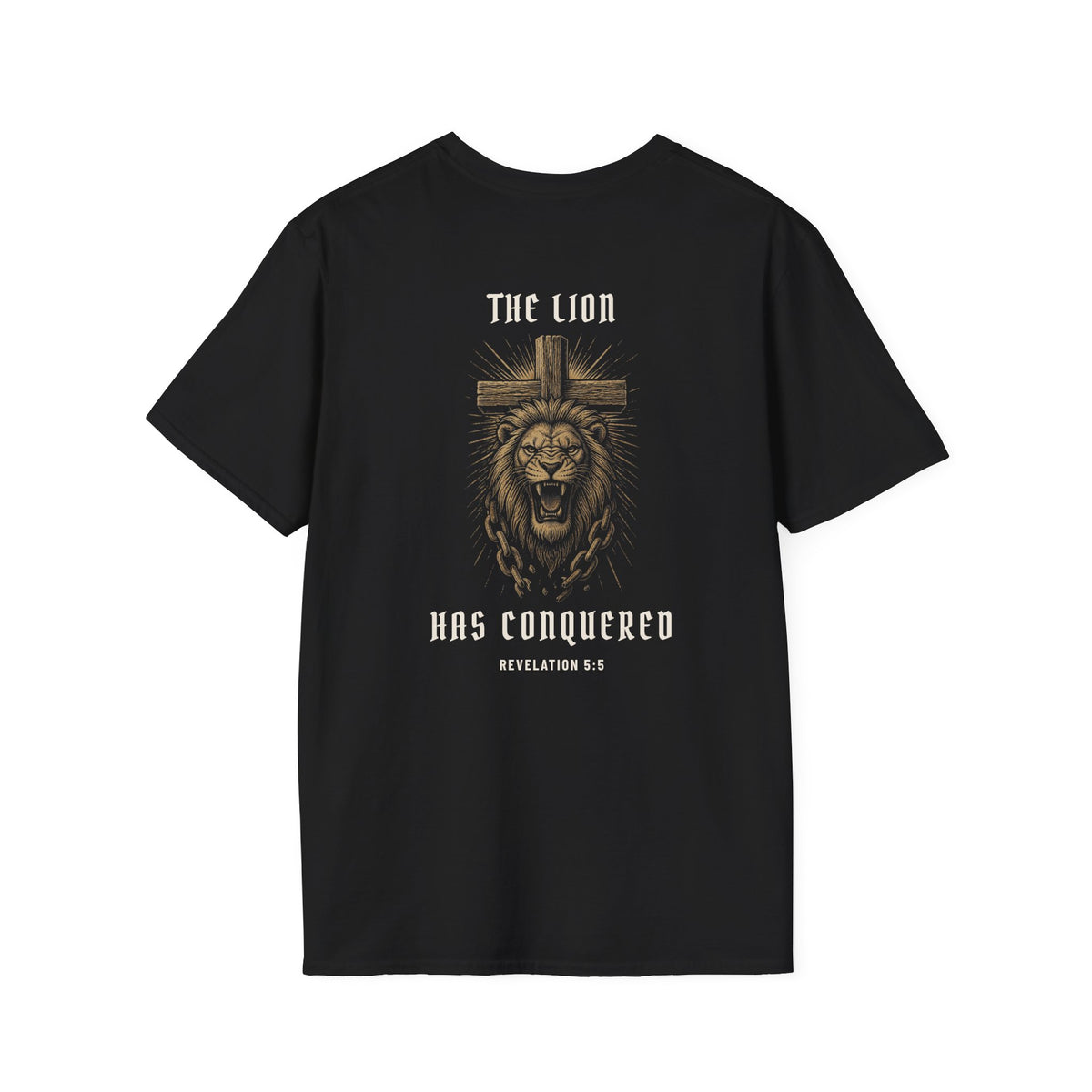 The Lion Has Conquered tee in Black, back with lion, cross, chains and Revelation 5:5 artwork