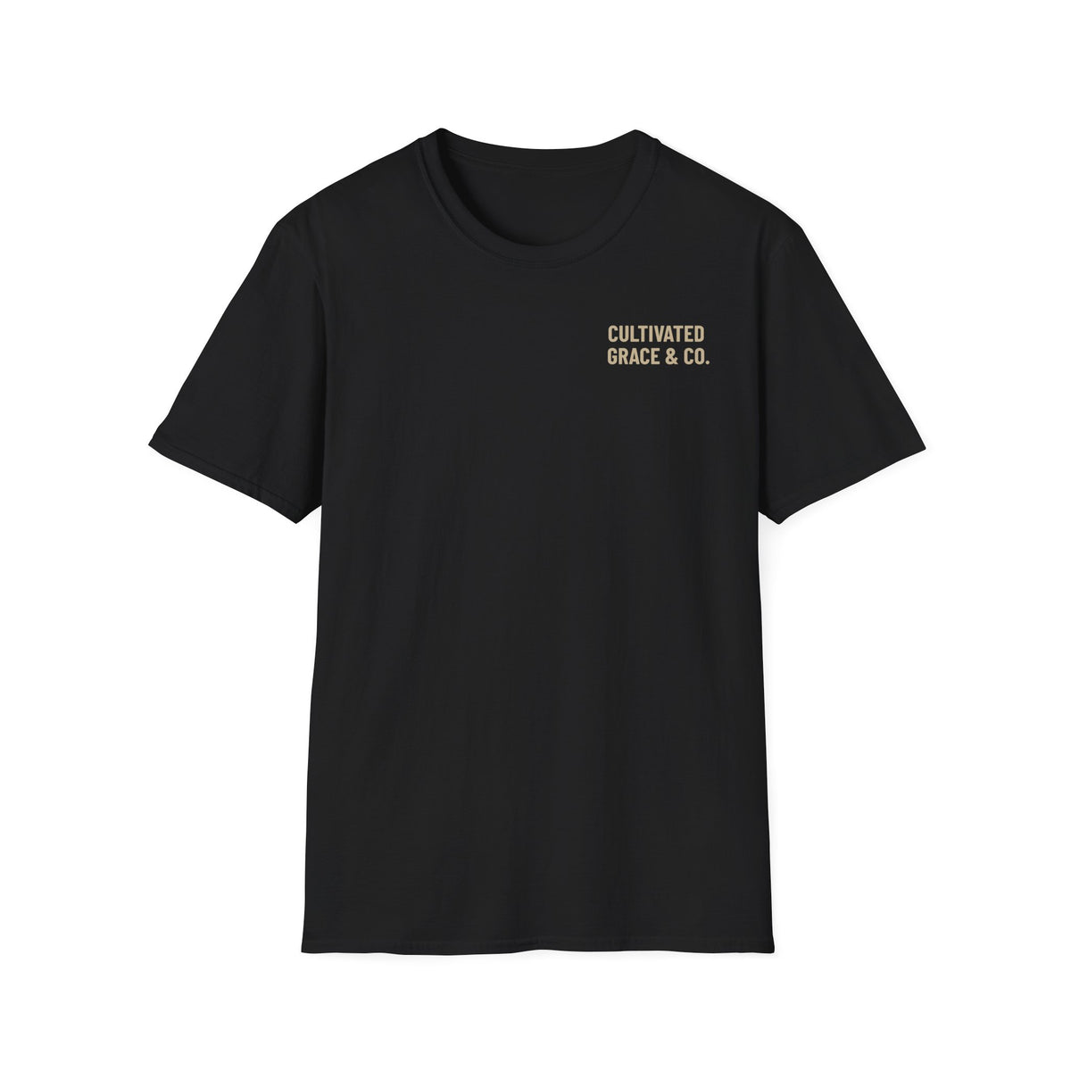 The Lion Has Conquered Gildan Softstyle tee in Black, front with Cultivated Grace & Co. left-chest print