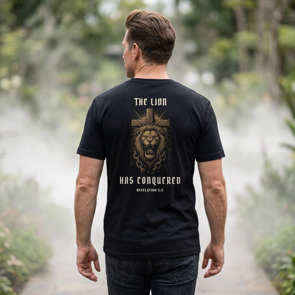 Man wearing The Lion Has Conquered tee in Black, showing lion and cross back artwork with Revelation 5:5