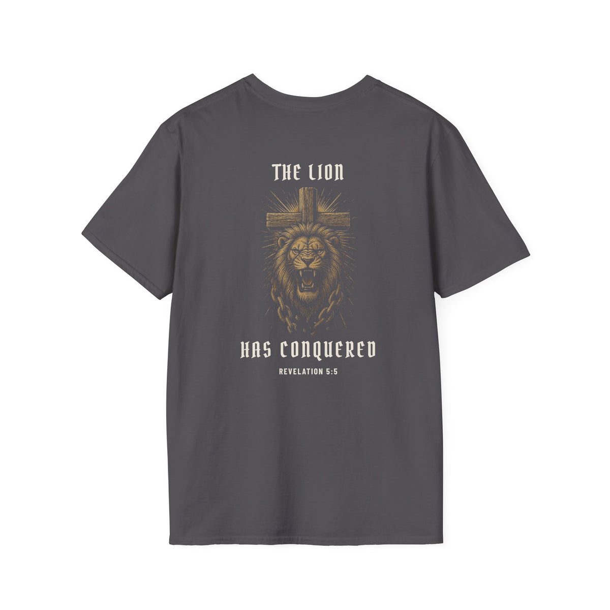 The Lion Has Conquered tee in Charcoal, back with lion, cross, chains and Revelation 5:5 artwork