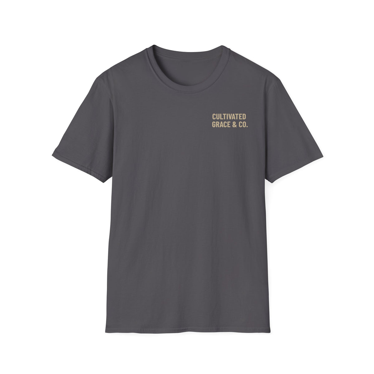 The Lion Has Conquered Gildan Softstyle tee in Charcoal, front with Cultivated Grace & Co. left-chest print