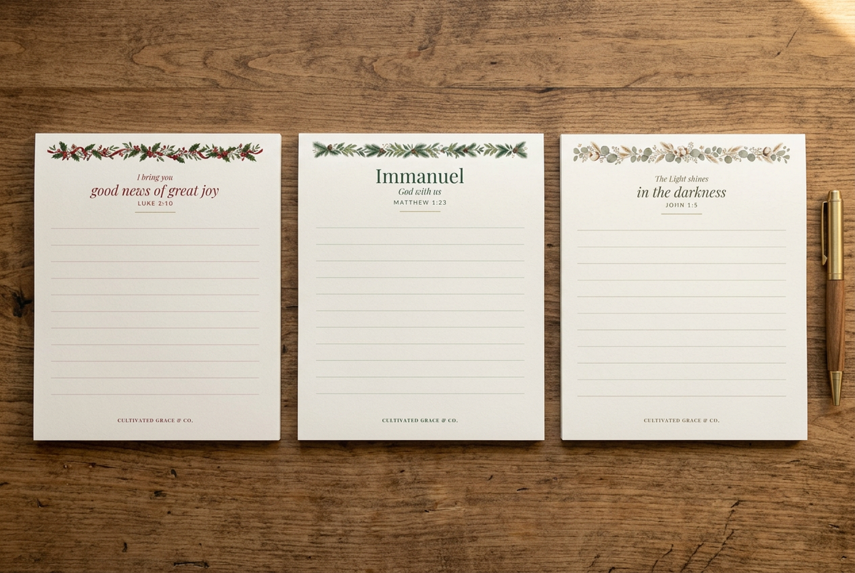 Three equal-sized Christmas Bible notepads on a rustic wood table with a pen